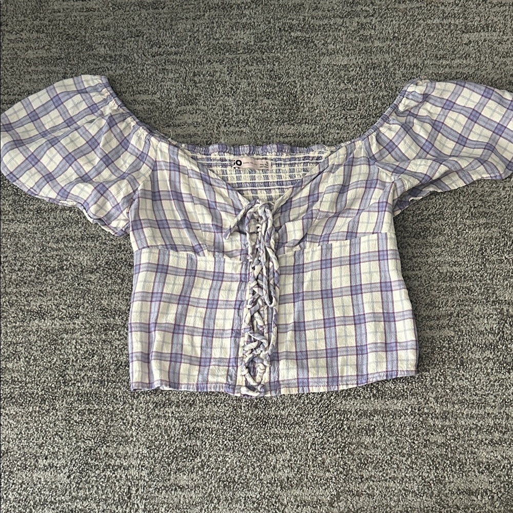 Cottagecore cropped purple gingham lace up blouse